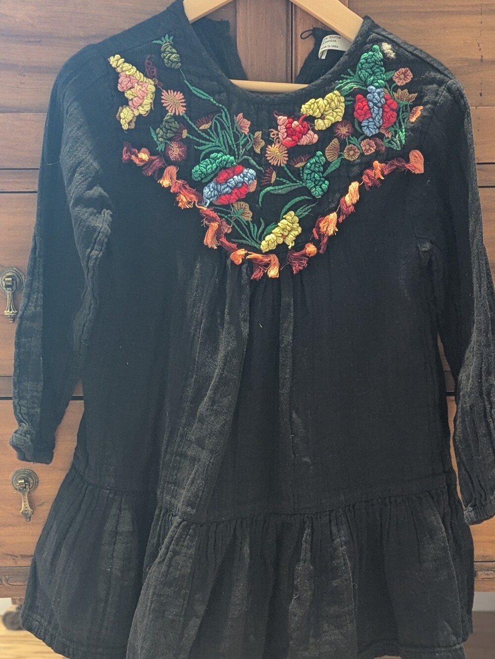 Zara Black Girls' Embroidered Floral Yoke Dress